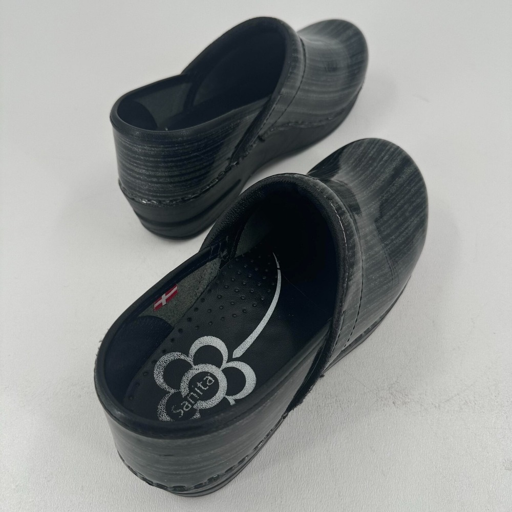 Sanita Danish Clogs Mules Shoes WOMENS Black Silver Glitter Leather Striped 37 - Picture 4 of 15